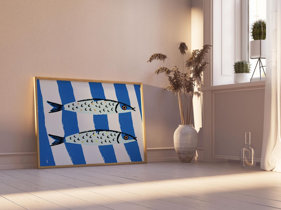 Hand Drawn Sardines on Blue Stripes Mediterranean Kitchen Wall Art Poster - Image 3