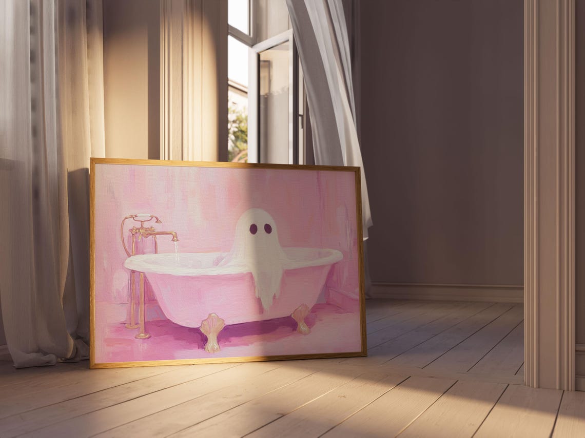 Cute Ghost In Bath Poster Cute Halloween Wall Art Cute Ghost Painting Print Pink Wall Decor - Image 5