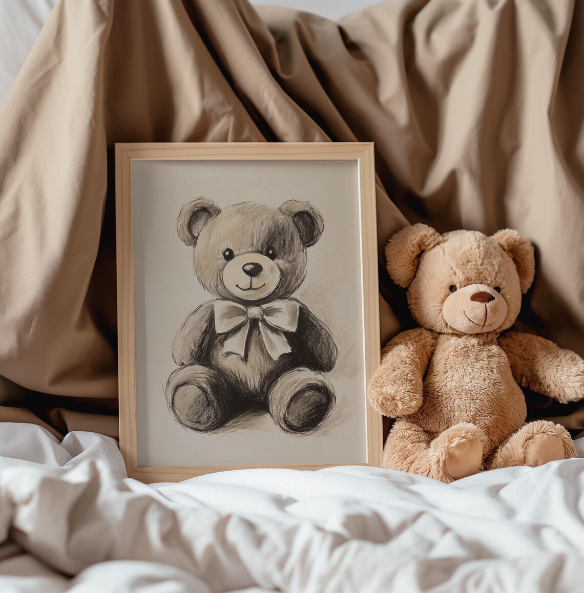 Nursery Teddy Bear With Bow Beige Sketch Kids Room Cuddly Toy Poster - Image 5