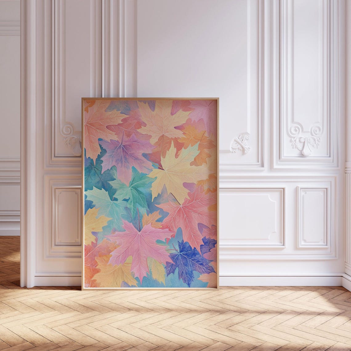 Pastel Autumn Maple Leaves in Pink Blue and Gold Pattern Poster - Image 2