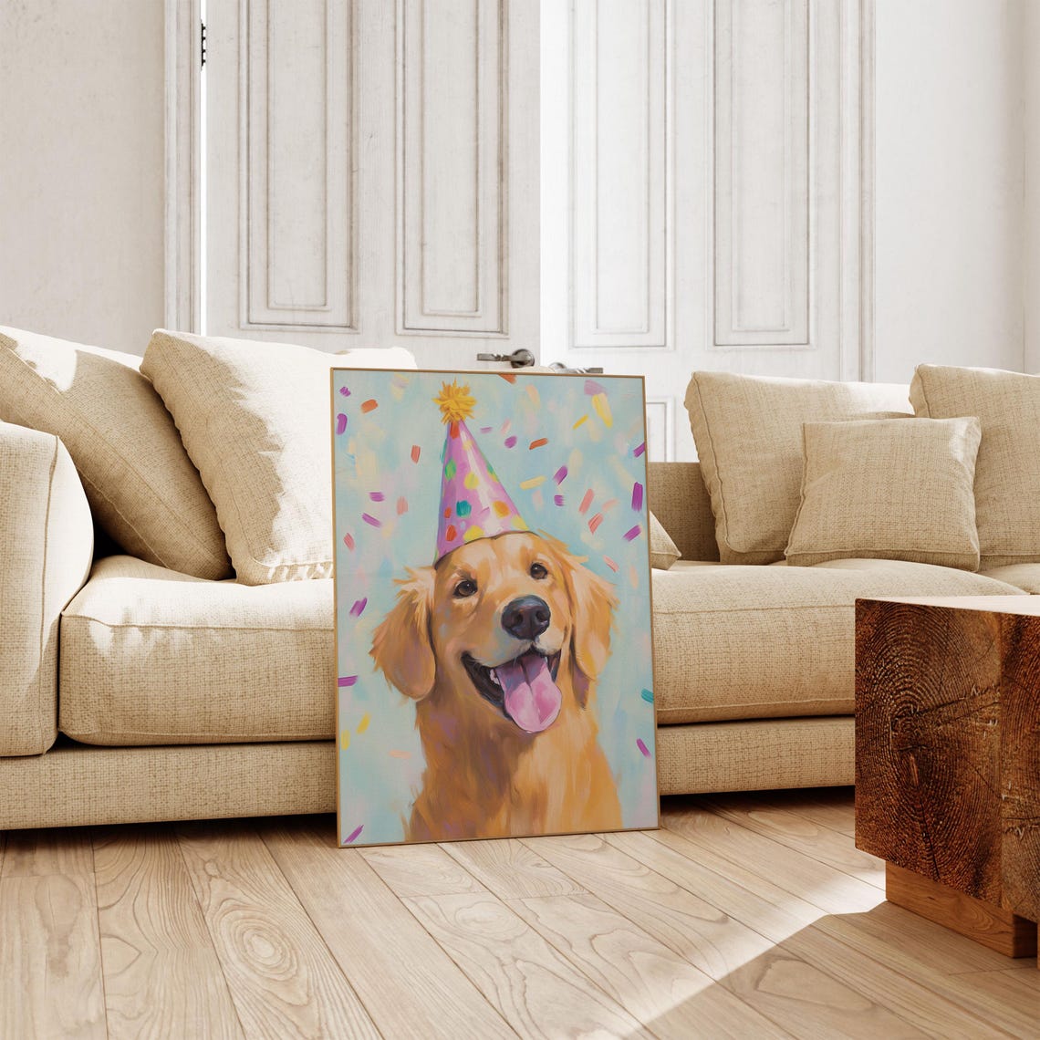 Golden Retriever with Party Hat Confetti Kids Room Dog Art Poster - Image 3
