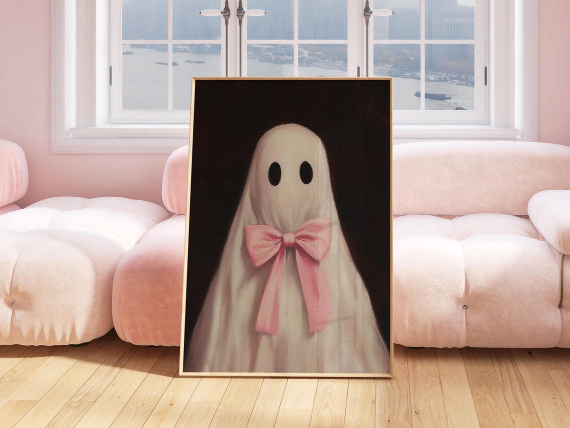 Cute Ghost with a Pink Bow on a Dark Background Painting Poster - Image 4