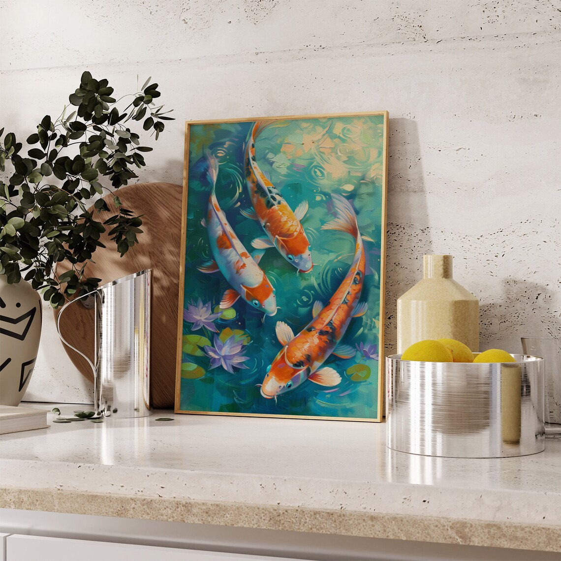 Three Colorful Koi Fish Swimming Among Water Lilies Painting Poster - Image 3