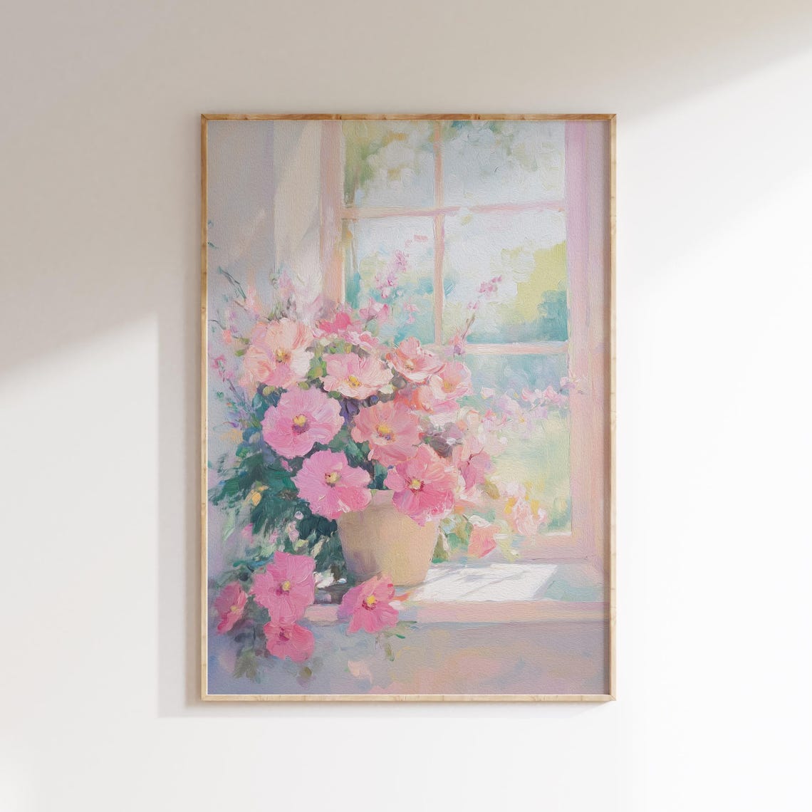 Pink Cosmos Flowers on a Sunny Windowsill Watercolor Painting Poster