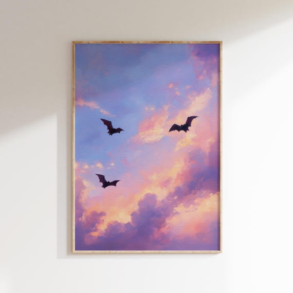 Bats Flying in a Pastel Sky, Pink Halloween Art Print