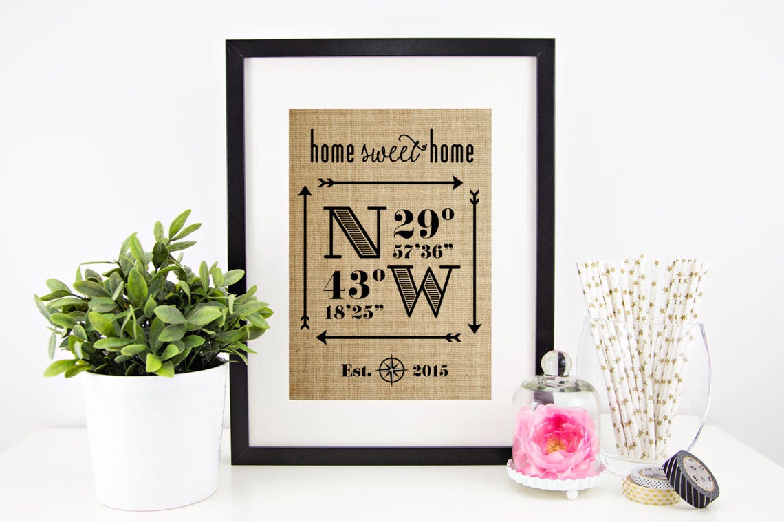 Home Sweet Home Coordinates Compass Rustic Burlap Housewarming Poster