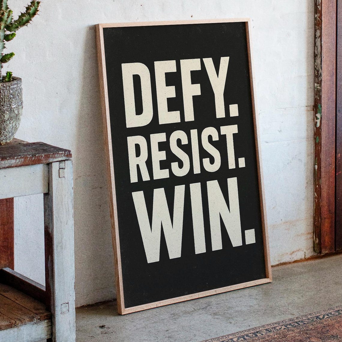 Defy Resist Win Motivational Wall Art Bold Black And White Poster For Gym Office Or Home Power Decor