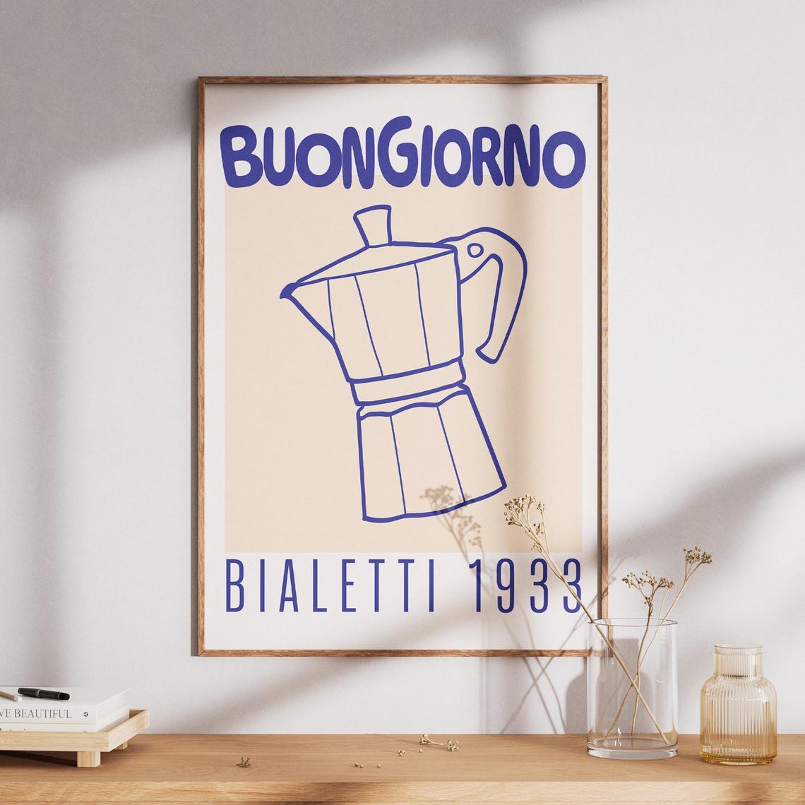 Buongiorno Bialetti 1933 Moka Pot Blue Sketch Coffee Decor Wall Poster