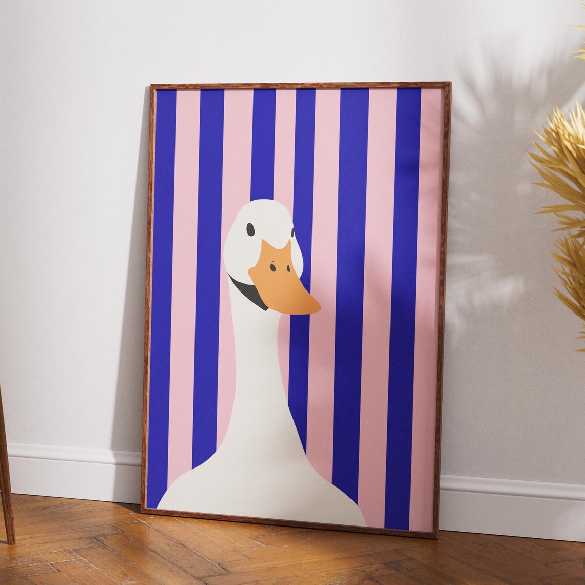 White Duck Pink Blue Stripes Trendy Retro Nursery Art Poster