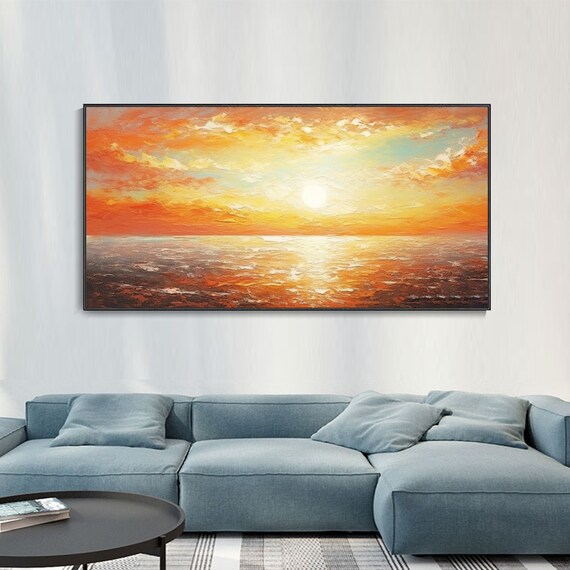Blazing Orange Sunset Sea Oil Painting Sun Reflection Sky Art Poster