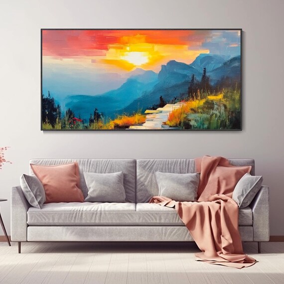 Mountain Sunset Oil Painting Original Nature Scenery Wall Art Home Decor Living Room Wall Art Landscape Painting Artistic Creation Handmade