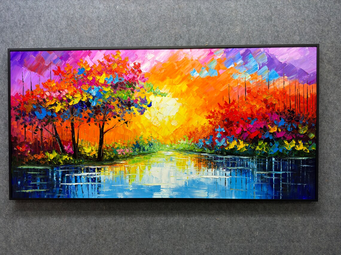 Abstract Autumn Forest Lake Sunrise, Oil Painting Print