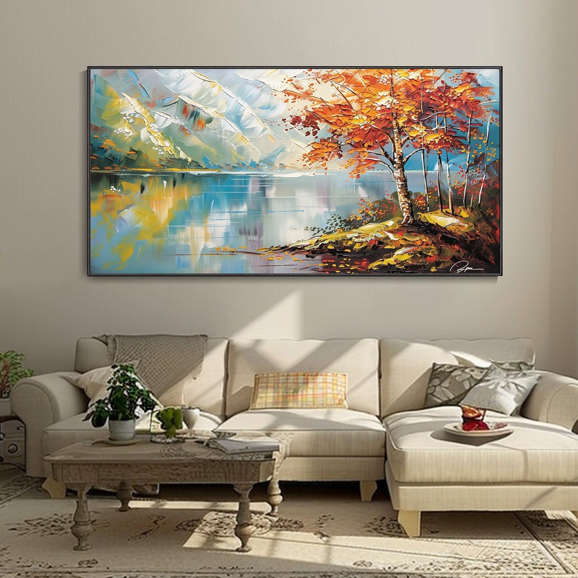 Autumn Lake Snowy Mountains Oil Painting Fall Trees Reflection Poster
