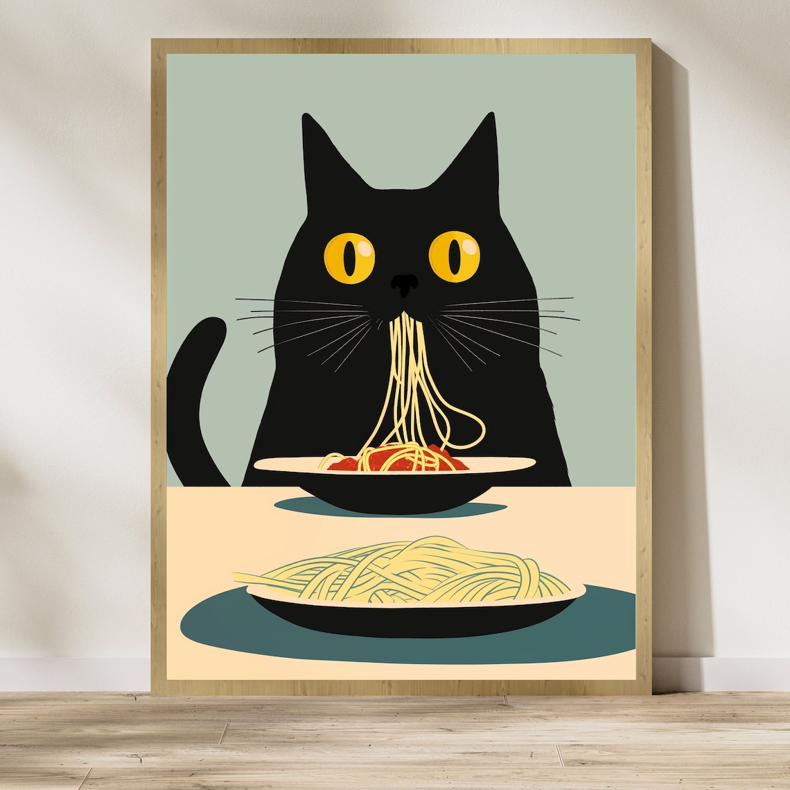 Black Cat Spaghetti Art Print, Whimsical Kitchen Decor