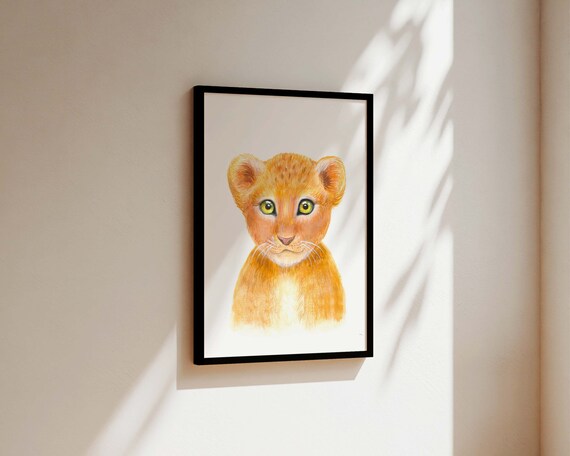 Sweet Lion Cub Watercolour Safari Jungle Poster for a Baby Room
