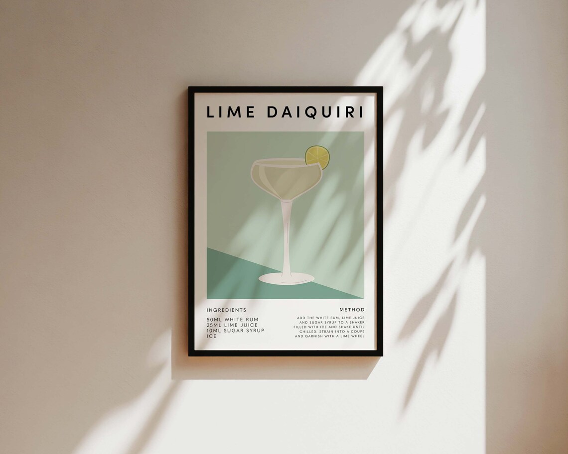 Lime Daiquiri Recipe with Coupe Glass Mint Illustration Poster