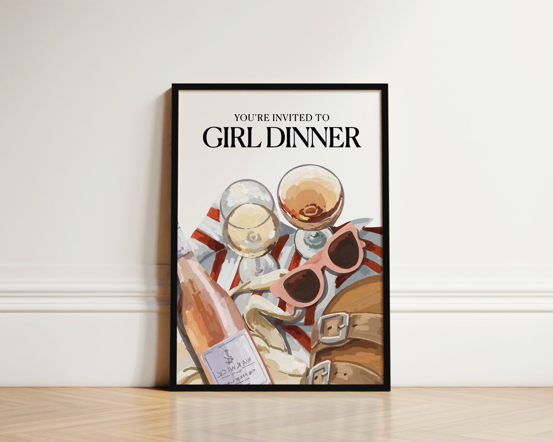 Girl Dinner Invitation Wine Glasses Illustration Kitchen Poster
