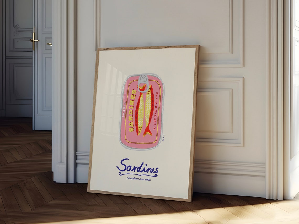 Vintage Pink Sardine Can Olive Oil Kitchen Illustration Poster