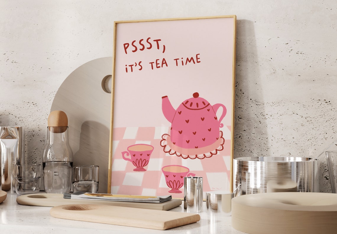 Psst Its Tea Time Pink Teapot Gingham Coquette Kitchen Poster - Image 3