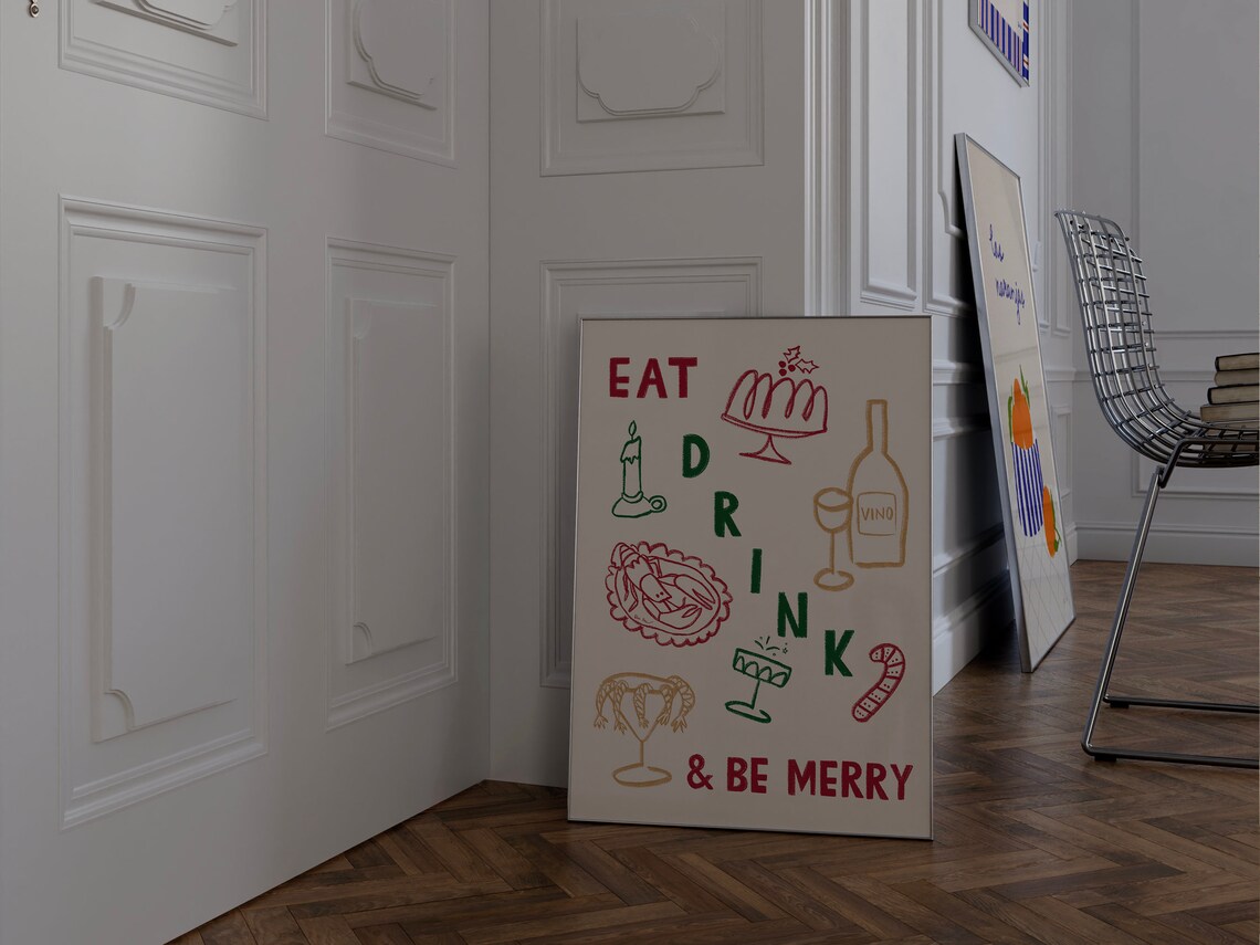Eat Drink and Be Merry Festive Food Doodle Christmas Art Poster - Image 2