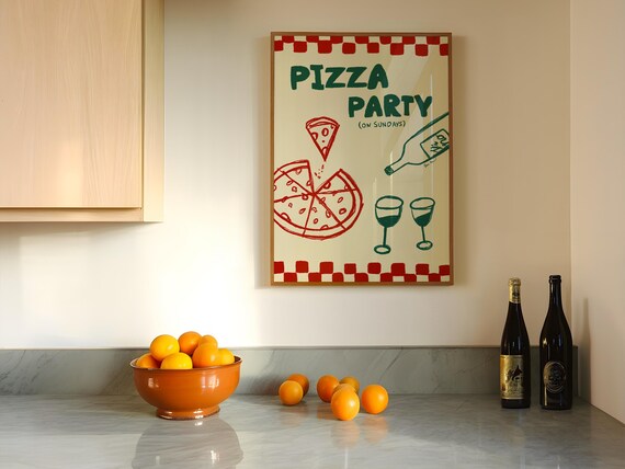 Pizza Party On Sundays Red Retro Kitchen Food Fun Art Poster