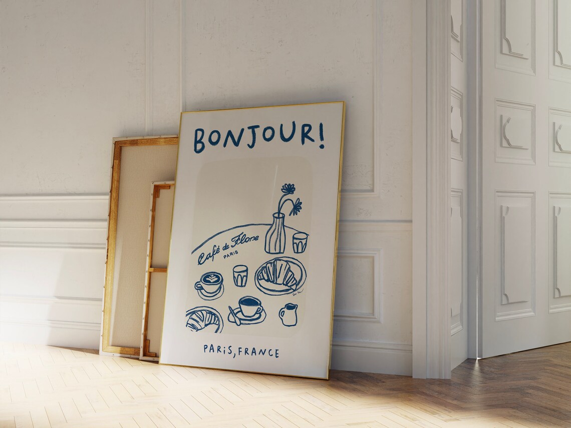 Bonjour Paris Cafe De Flore Croissant Coffee French Travel Poster