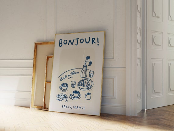 Cafe De Flore Art Print Bonjour Poster French Coffee Poster Croissant Breakfast Poster Retro Food Art Print Modern Kitchen Gallery Wall