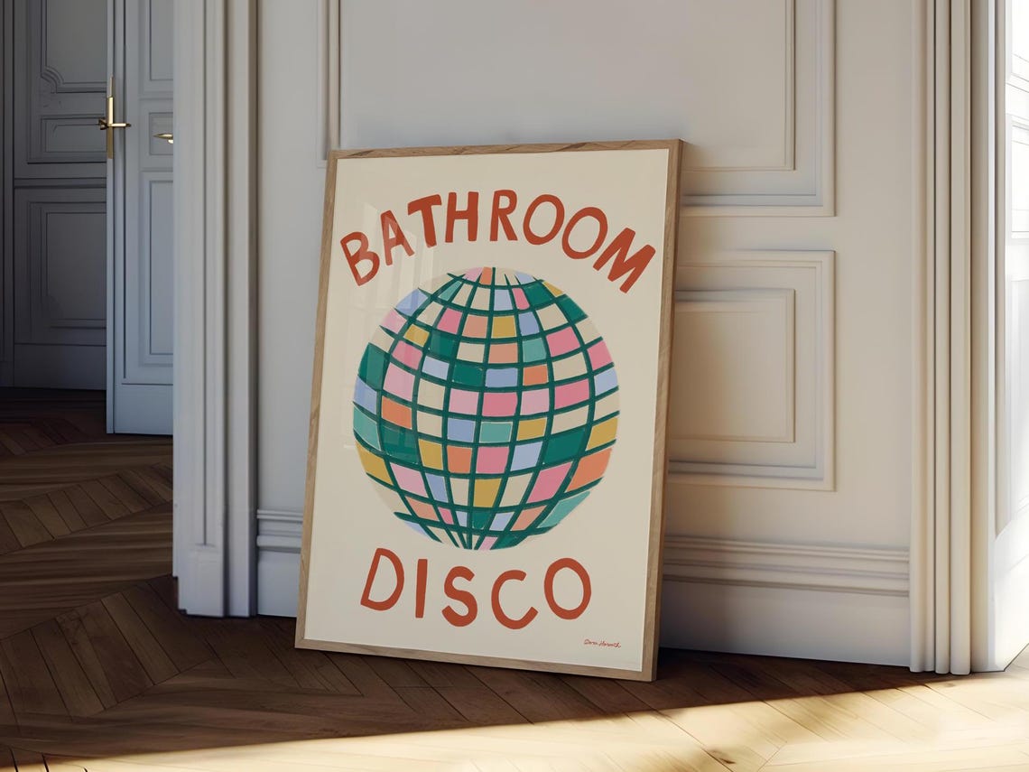 Bathroom Disco Colorful Checkered Disco Ball Fun Retro Wall Poster
