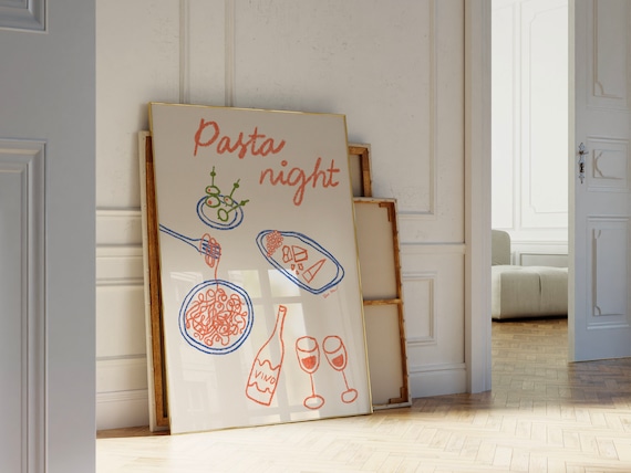 Pasta Night Hand Drawn Spaghetti Wine Dinner Kitchen Decor Poster