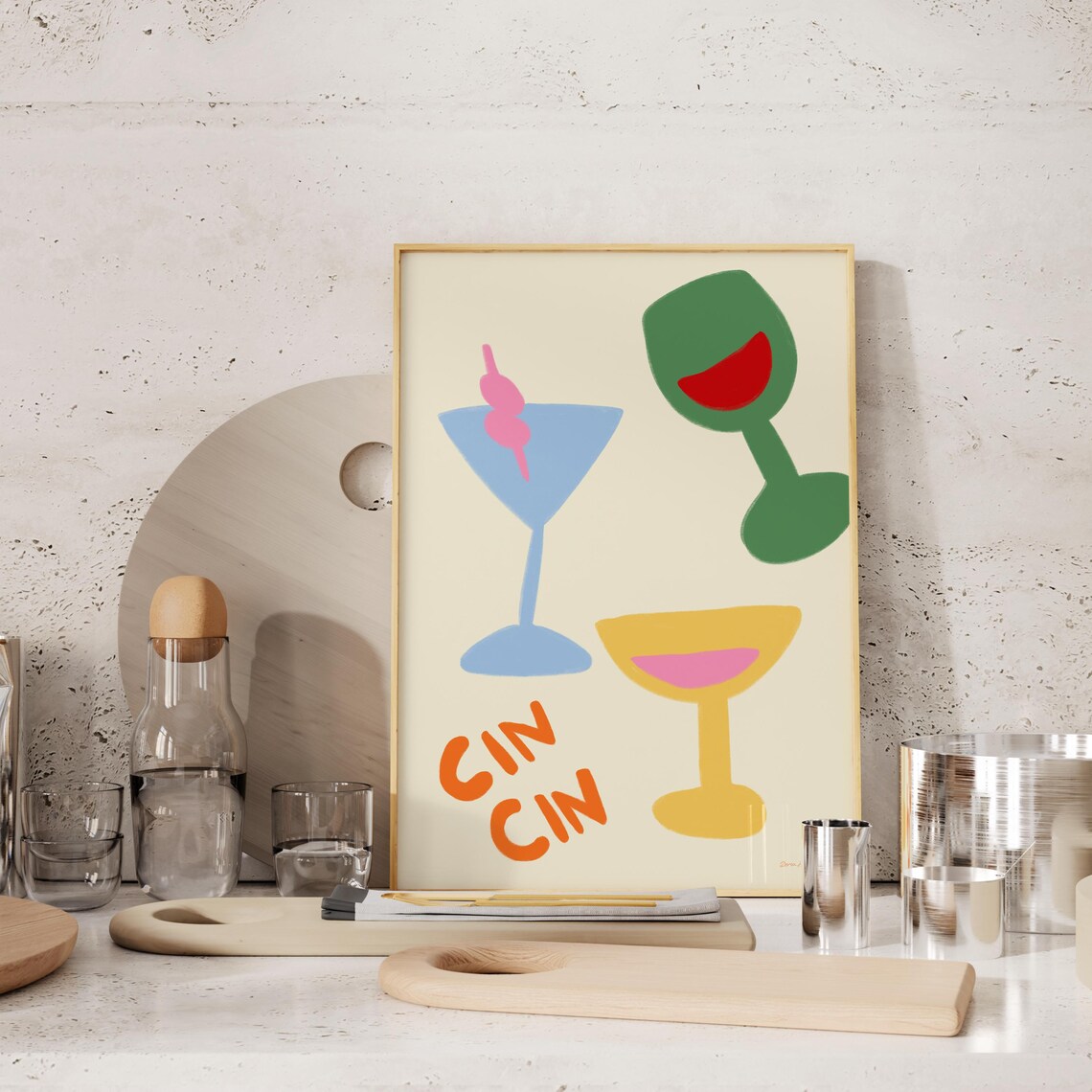 Cin Cin Cocktail Glasses Colorful Abstract Bar Cart Cheers Wall Art - Image 2