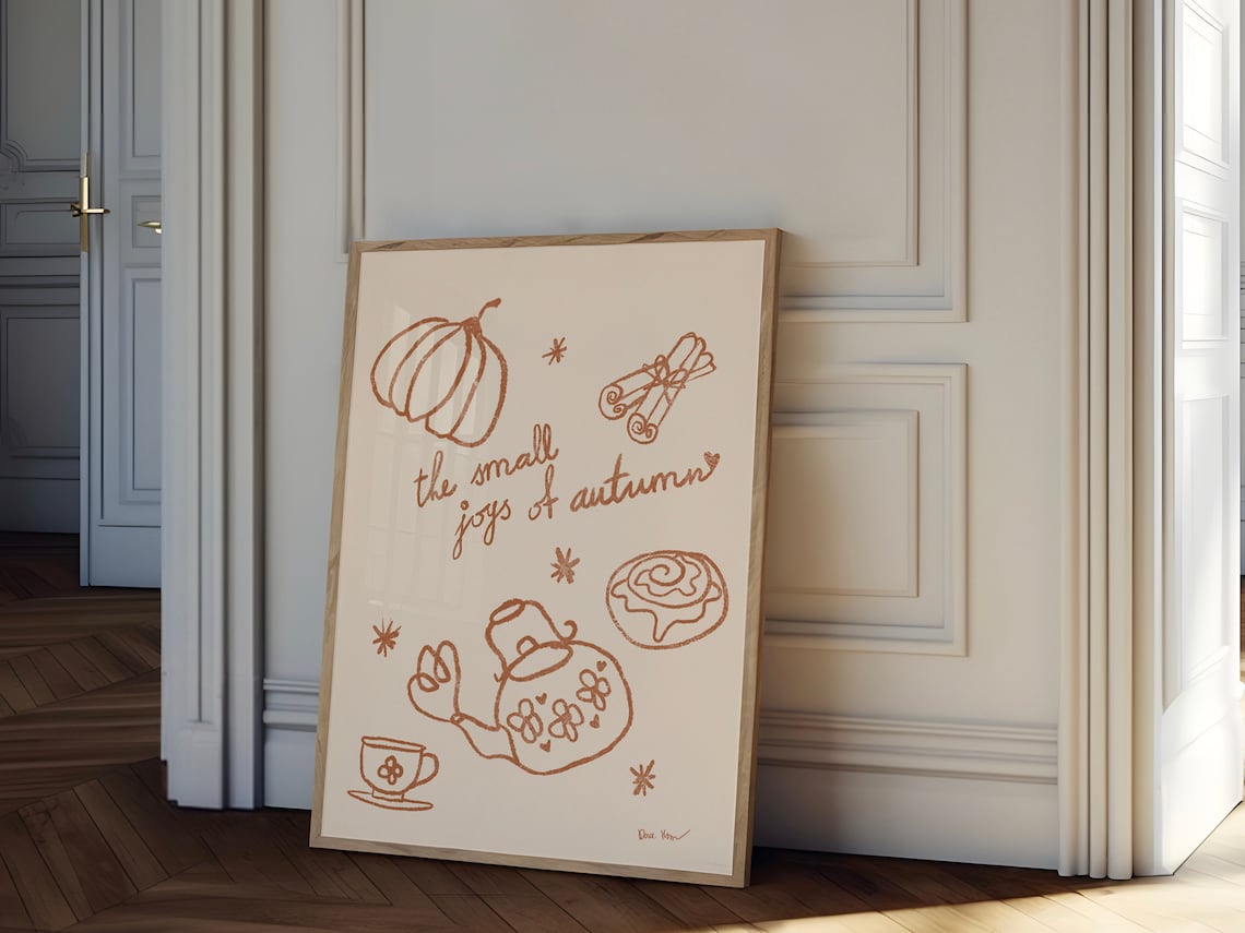 The Small Joys Of Autumn Pumpkin Tea Copper Line Art Fall Wall Art - Image 4