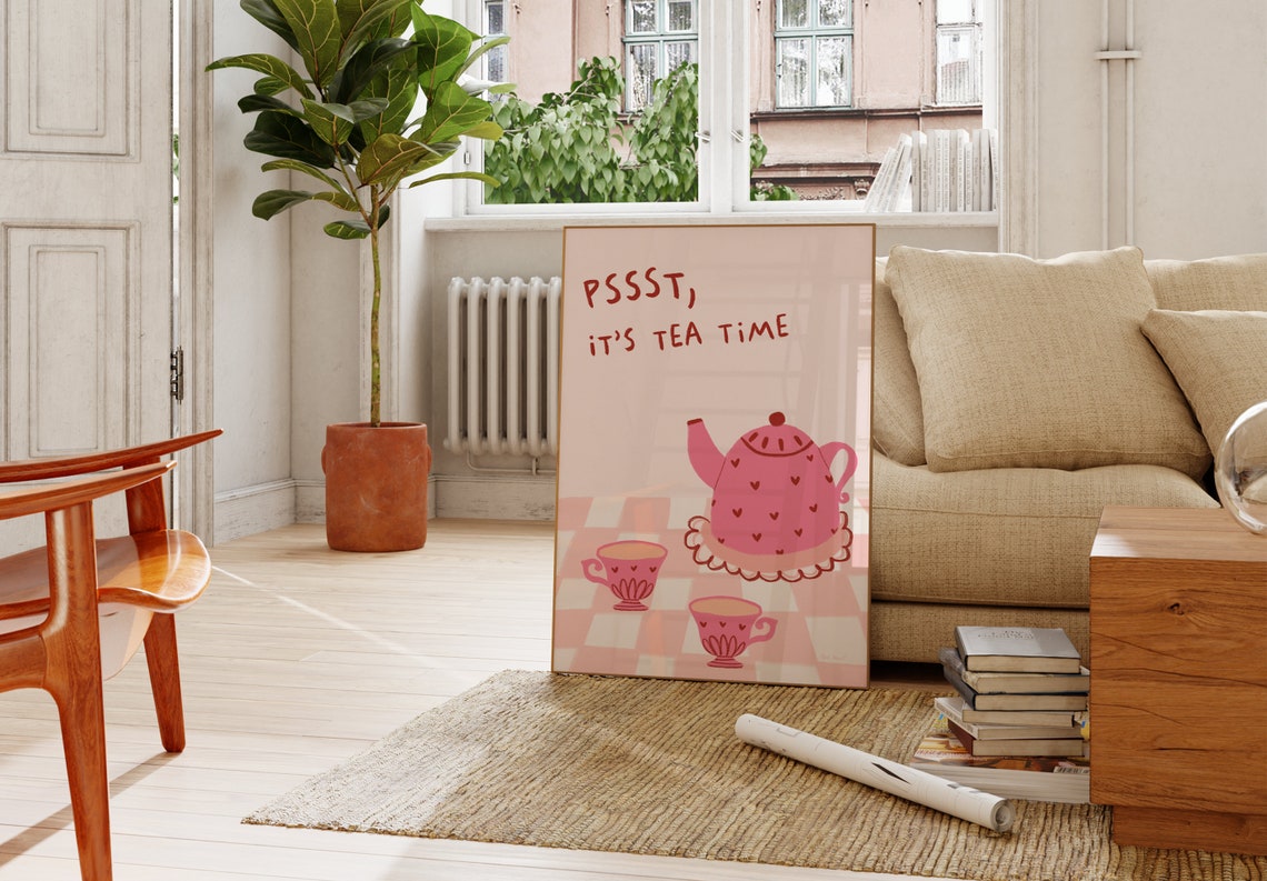Sweet Pssst It Is Tea Time Pink Heart Teapot Cozy Kitchen Poster - Image 2