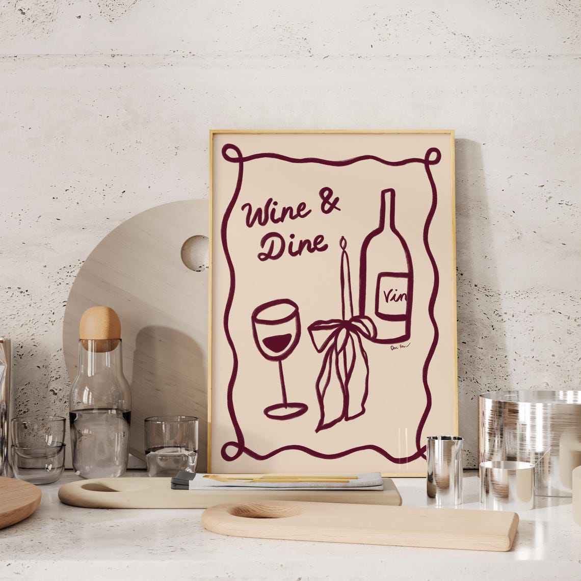 Wine And Dine Pink Squiggle Border Wine Illustration Fun Poster - Image 3