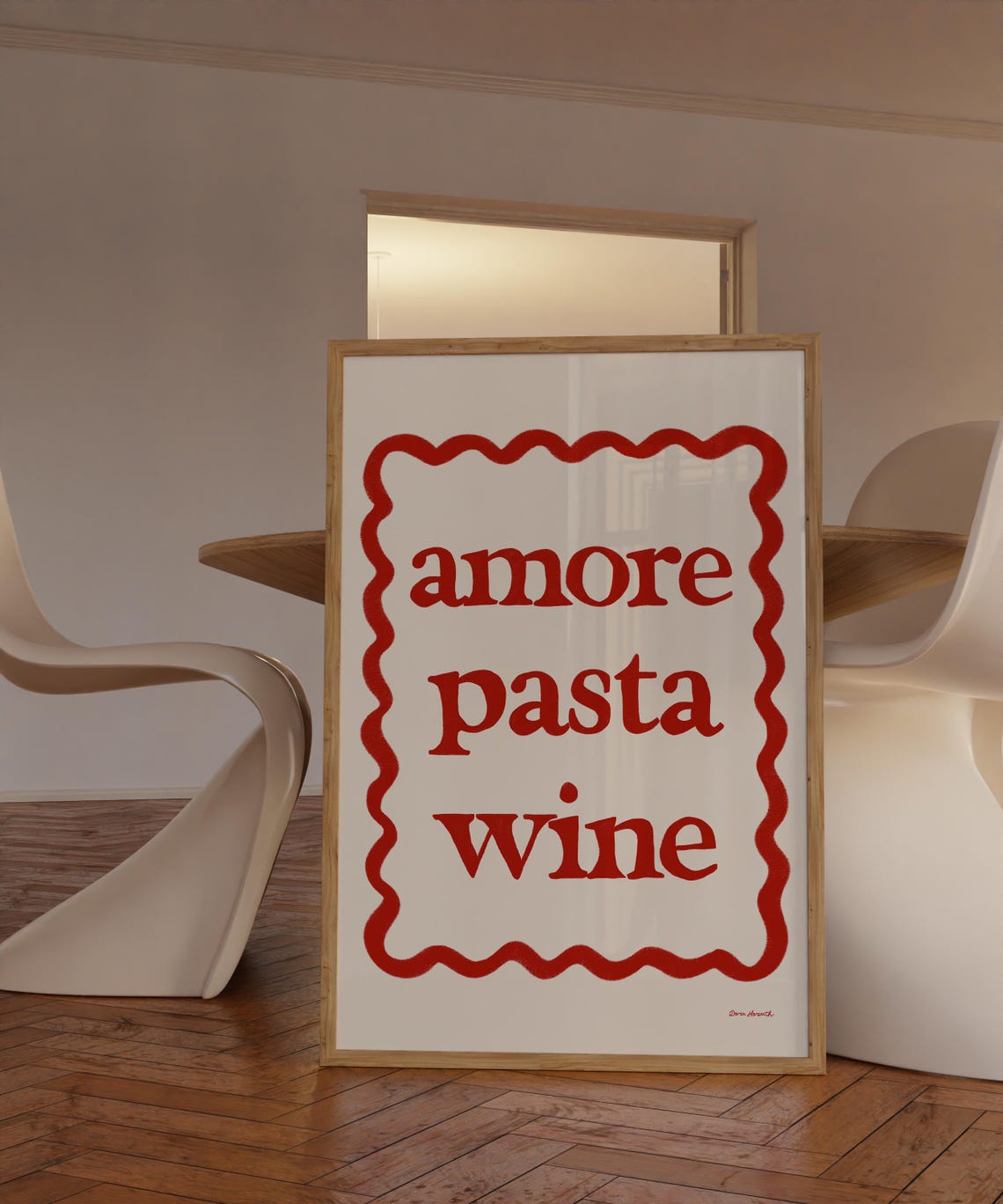 Amore Pasta Wine Retro Typography Red Scalloped Frame Kitchen Poster - Image 2