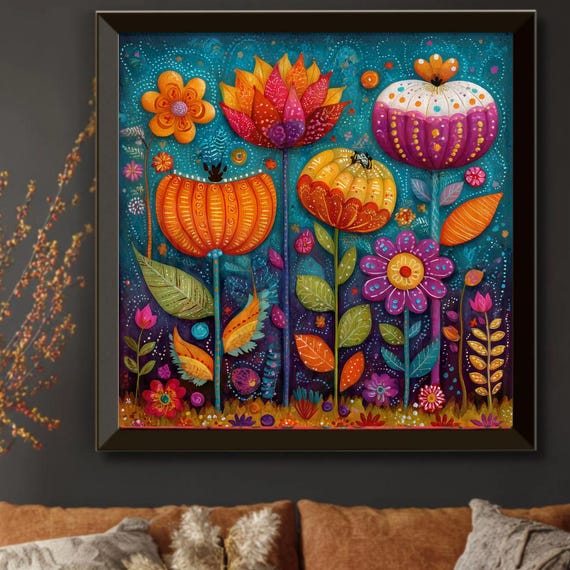 Whimsical Folk Art Fall Floral Print Boho Autumn Botanical Wall Vibrant Pumpkin Flower Painting Colorful Harvest Decor