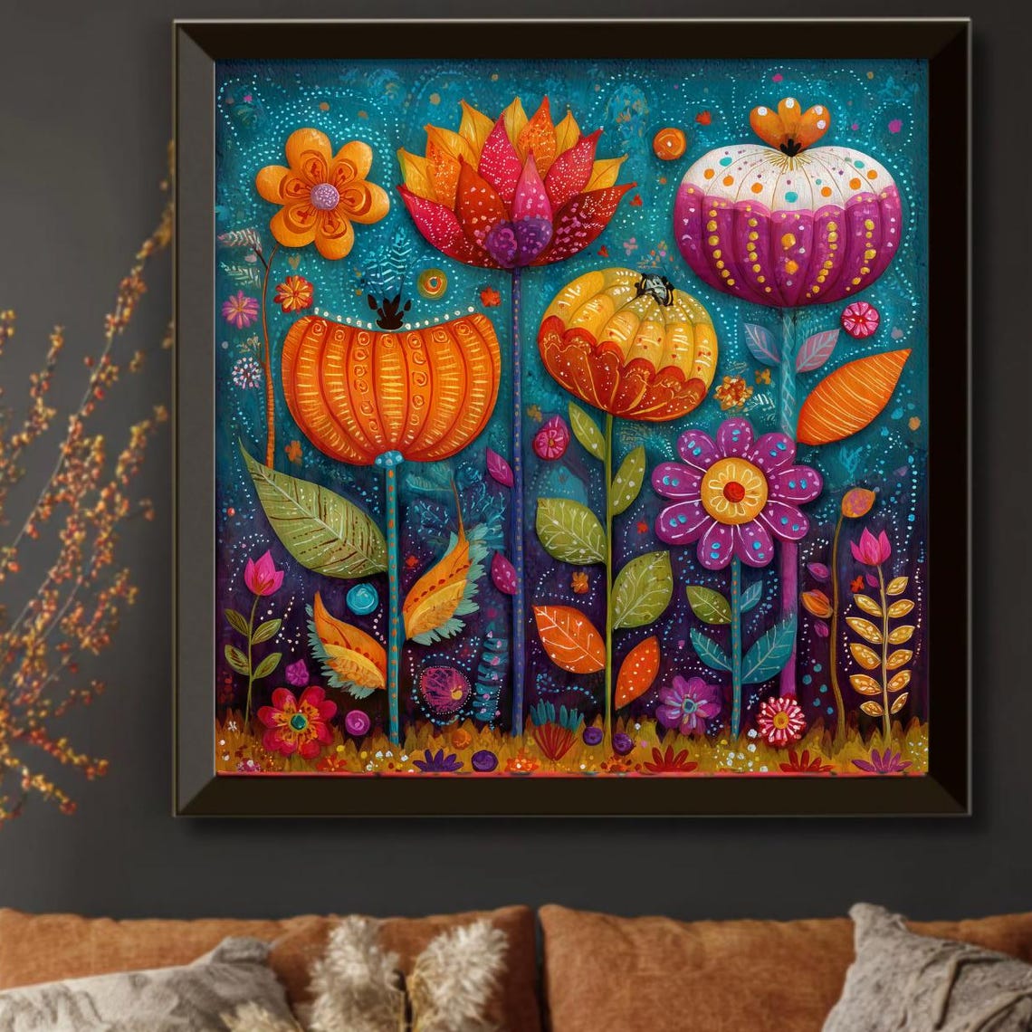 Whimsical Folk Art Fall Flowers Boho Autumn Botanical Art Poster