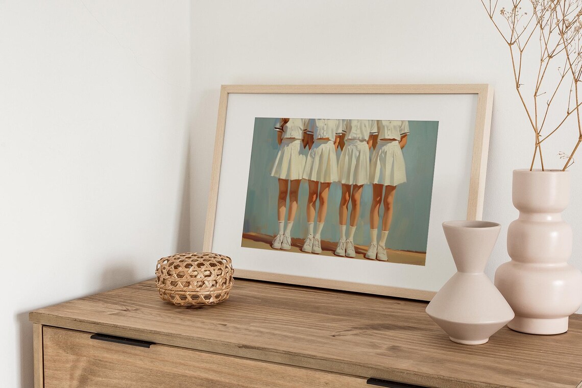 Four Women in Matching White Tennis Outfits Vintage Painting Poster - Image 3