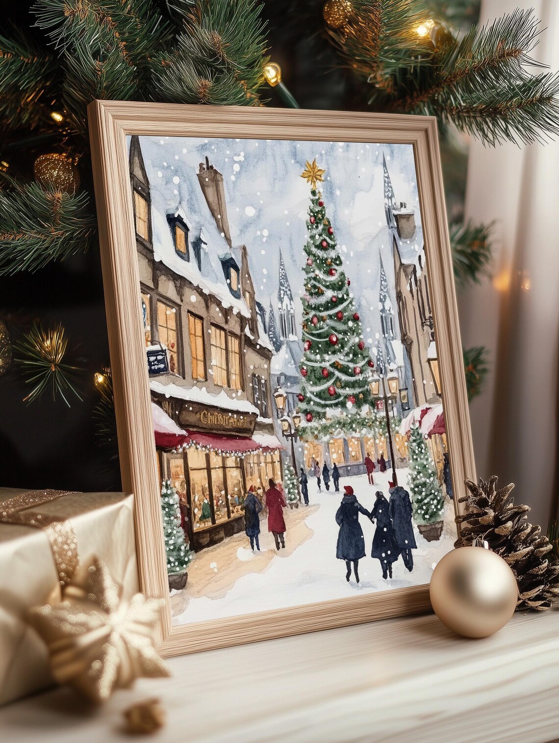 Snowy Christmas Village Street Watercolor Tree Market Poster - Image 2
