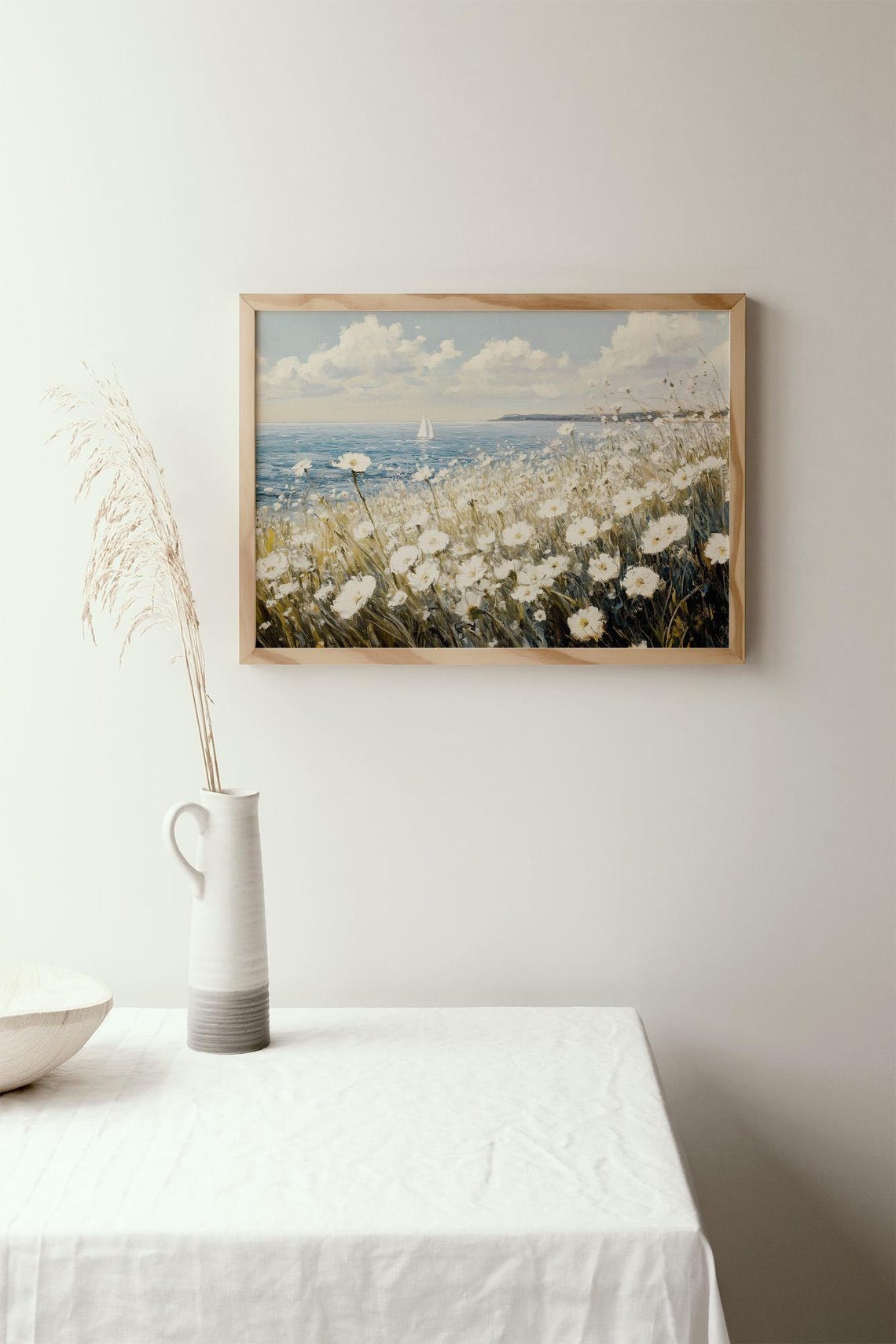 Sunny Coastal Wildflower Meadow Daisies Sailboat Seascape Poster - Image 3