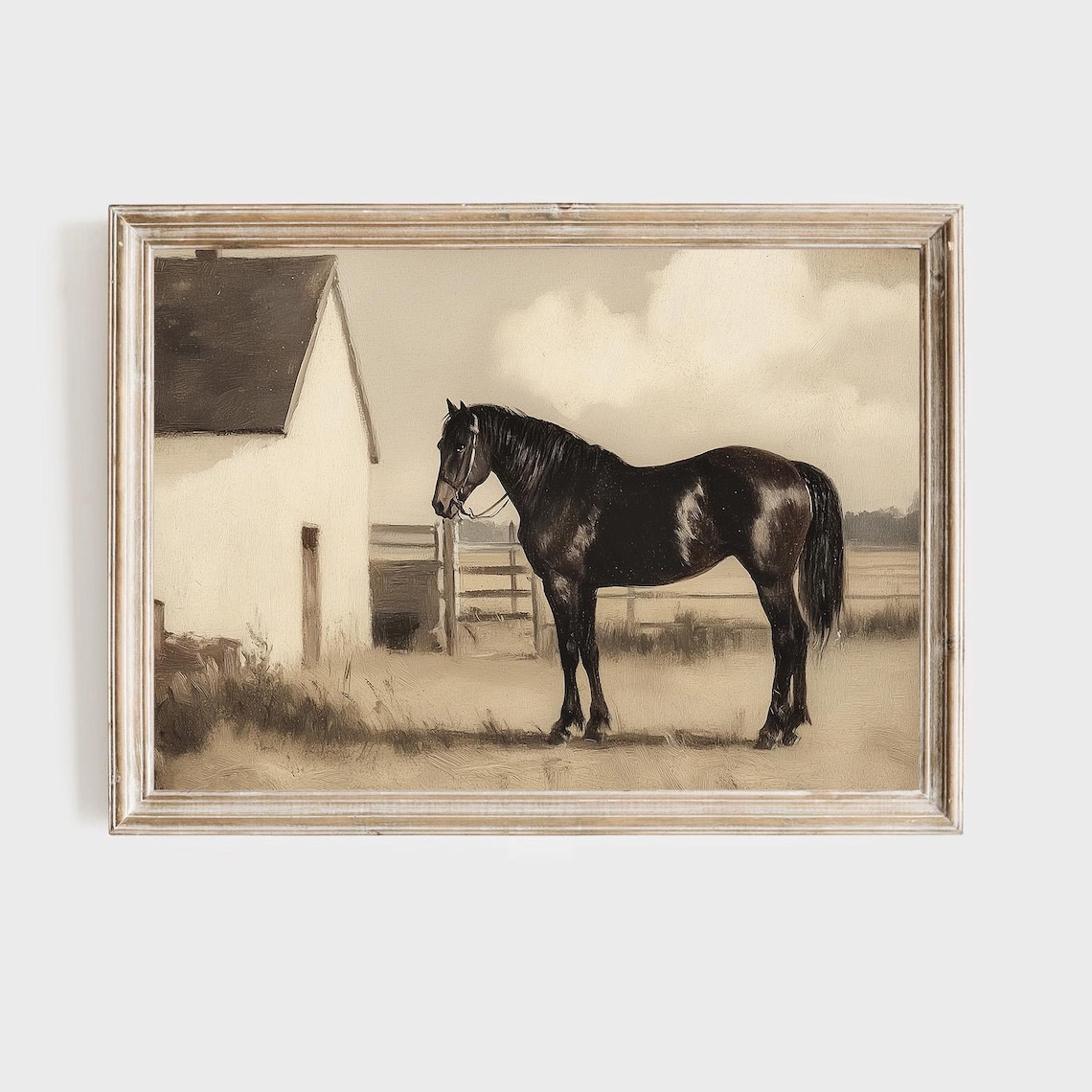 Vintage Horse Stable Scene Art Print, Rustic Farm