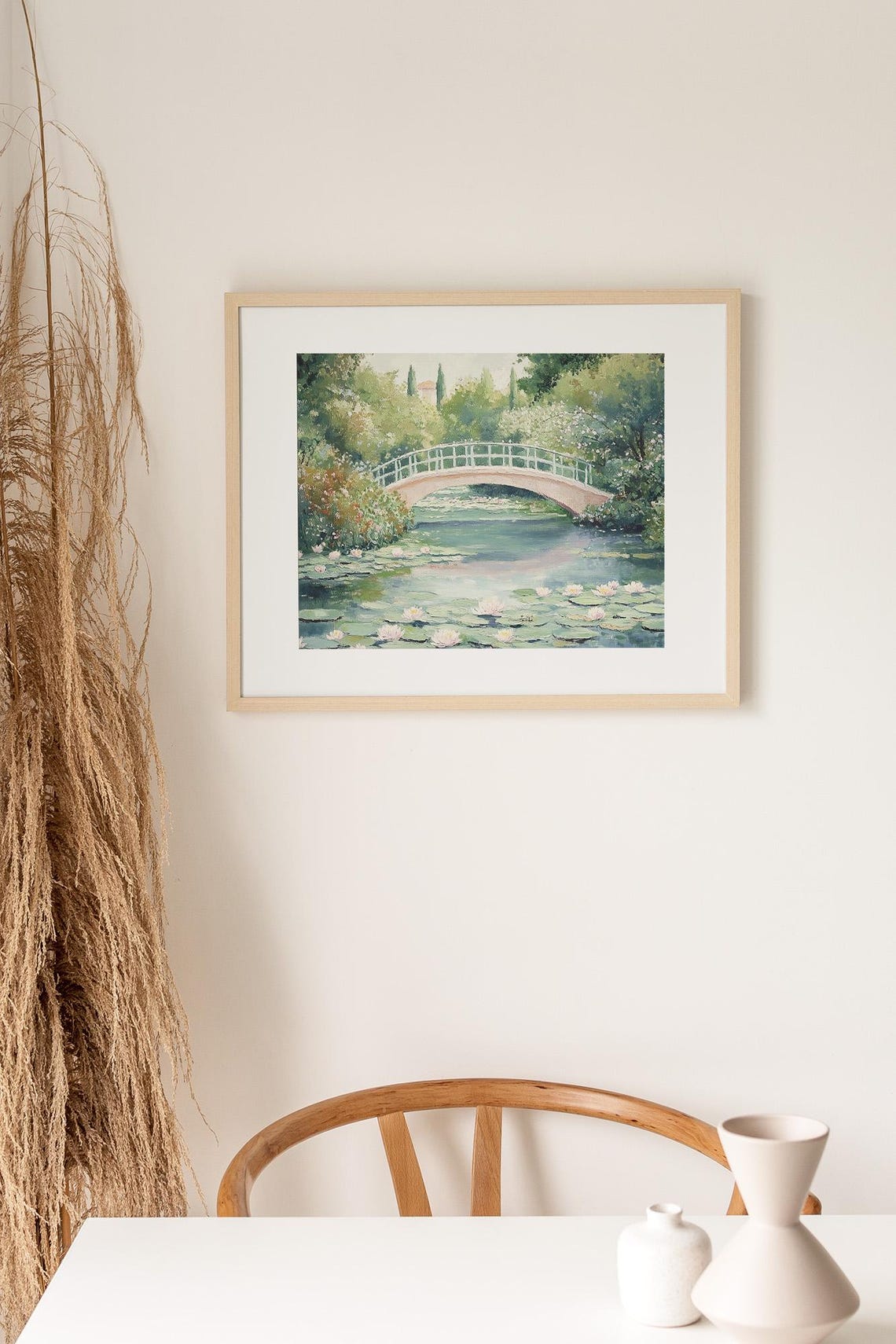Pink Water Lily Pond Arched Bridge Impressionist Garden Wall Art - Image 3
