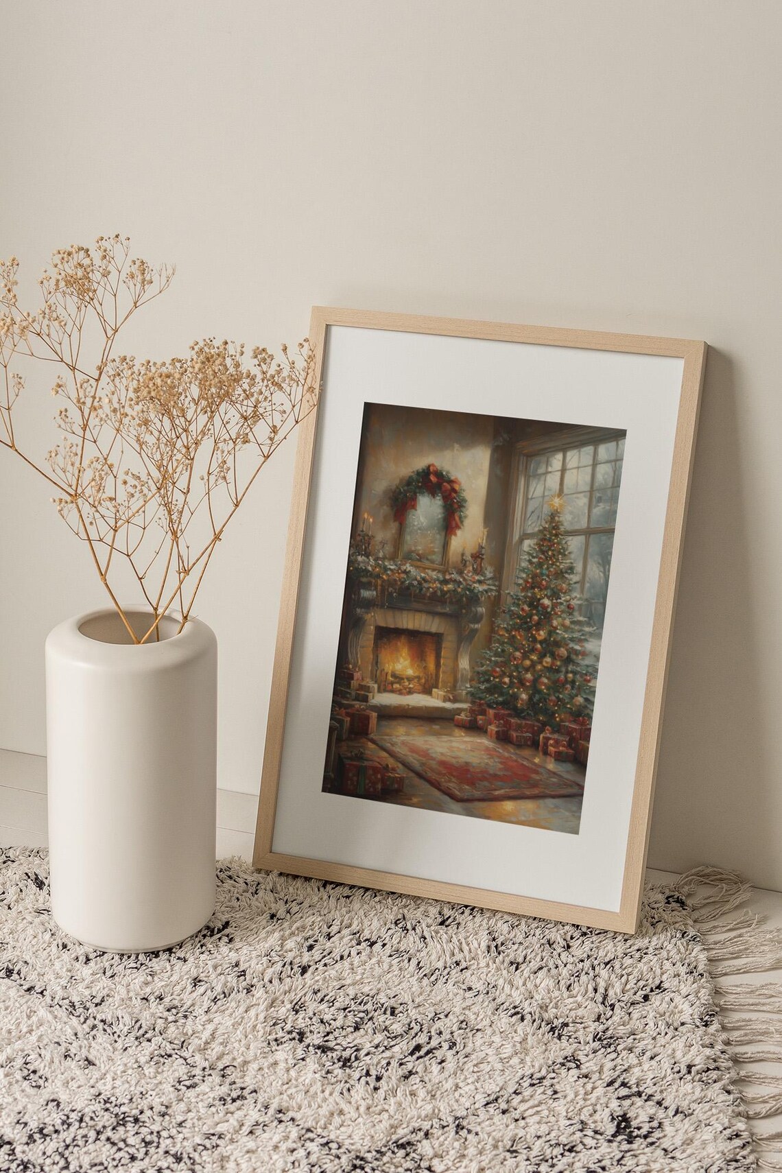 Cozy Christmas Fireplace Oil Painting Tree Gifts Holiday Poster - Image 3