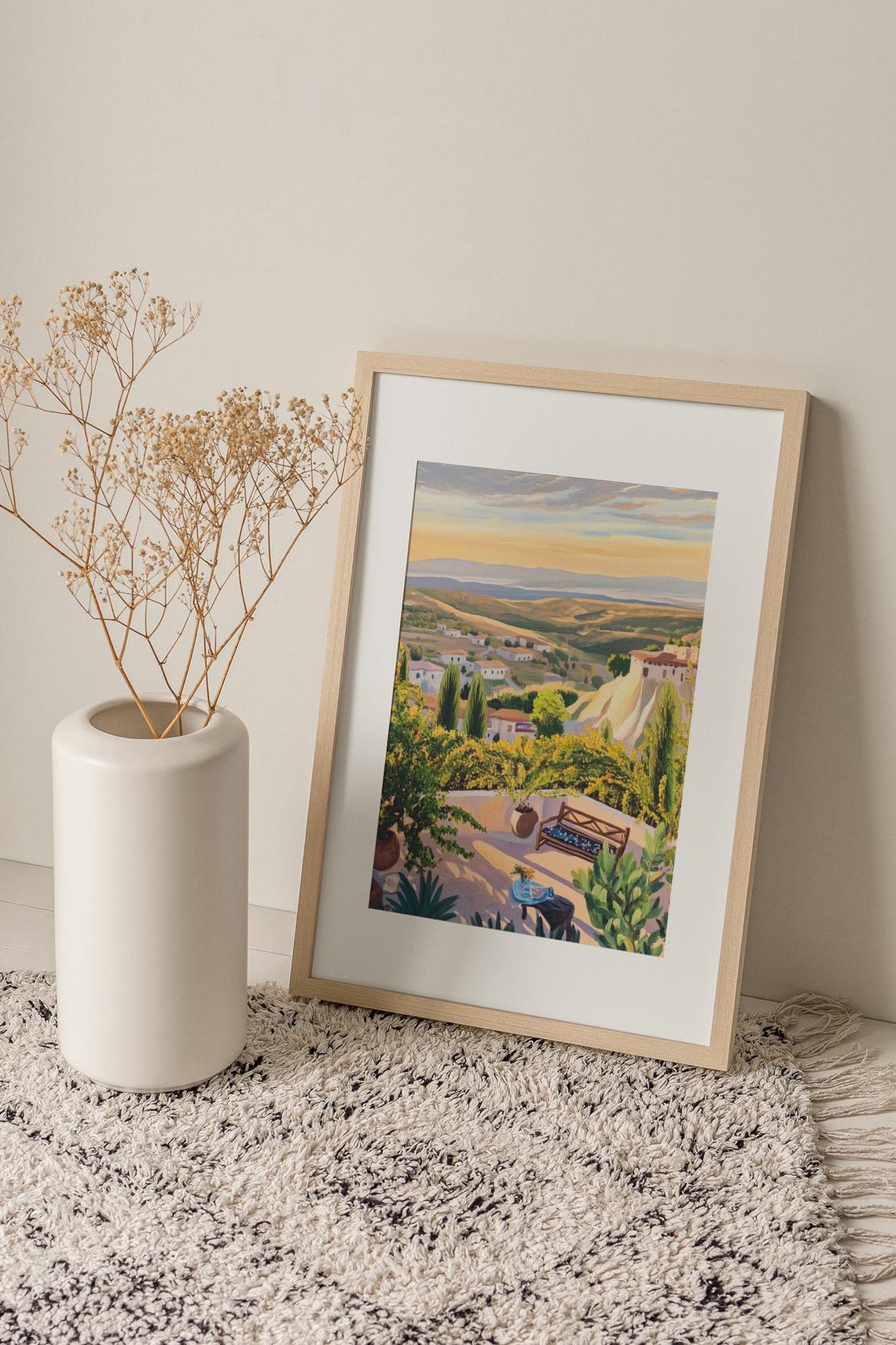 Painted Mediterranean Terrace Overlooking Village Sunset Art Print - Image 2