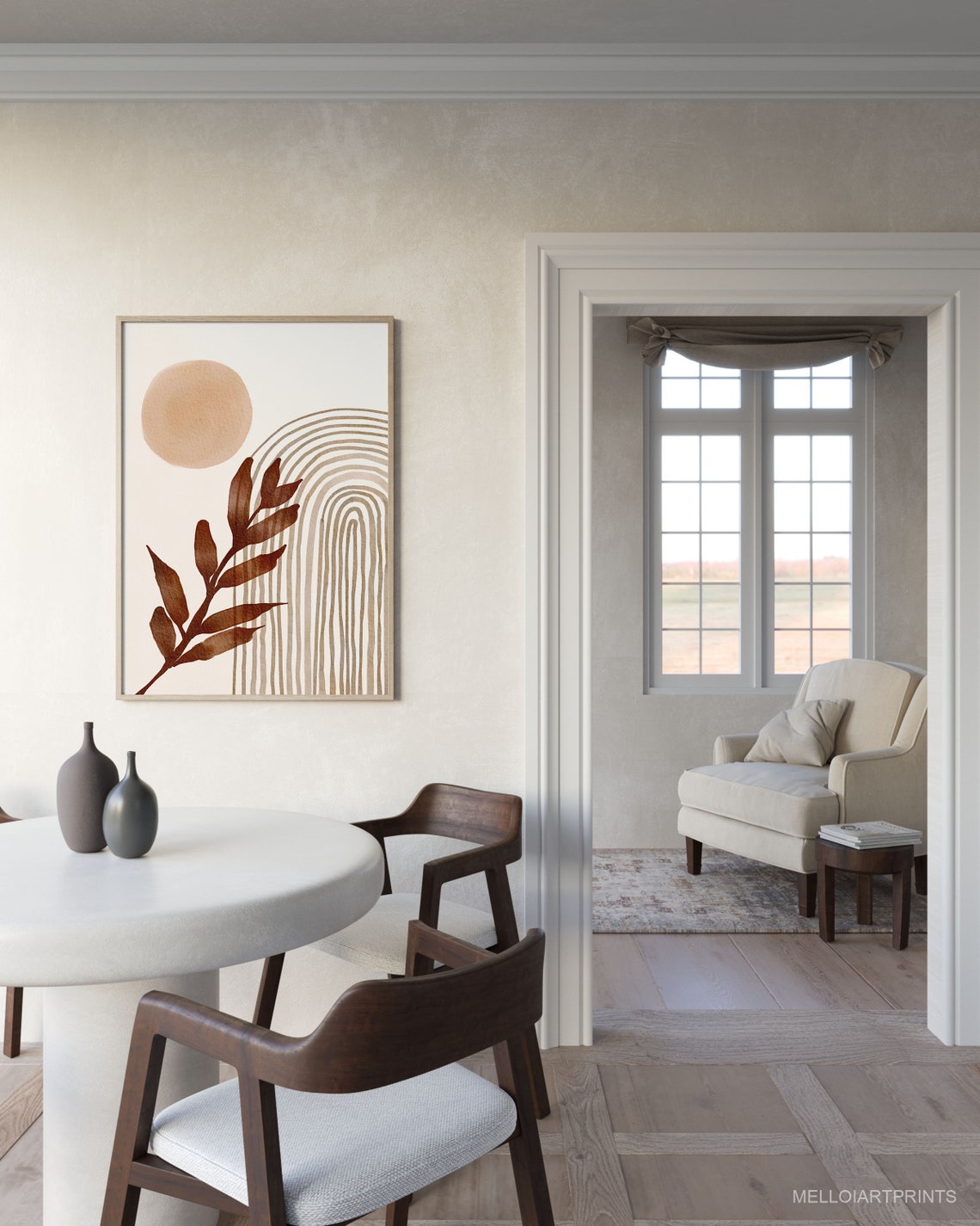 Boho Botanical Leaf Sun Striped Arch Neutral Watercolor Wall Art - Image 3