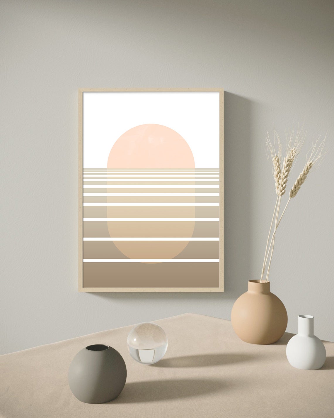 Beige Retro Sunset Over Gradient Stripes Minimalist Art Poster - Image 3