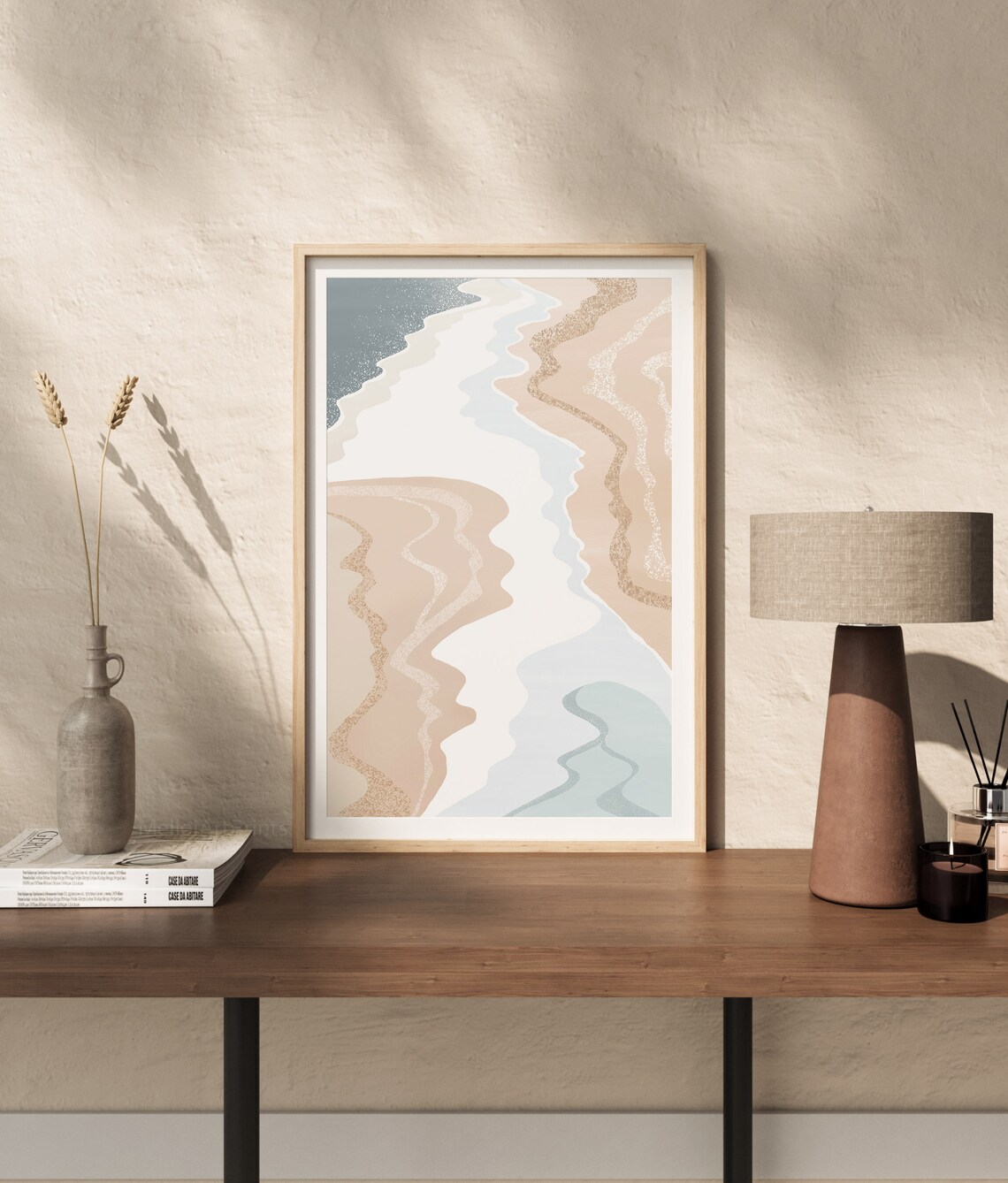 Abstract Flowing River Waves in Beige Gray and Gold Glitter Art Poster - Image 2