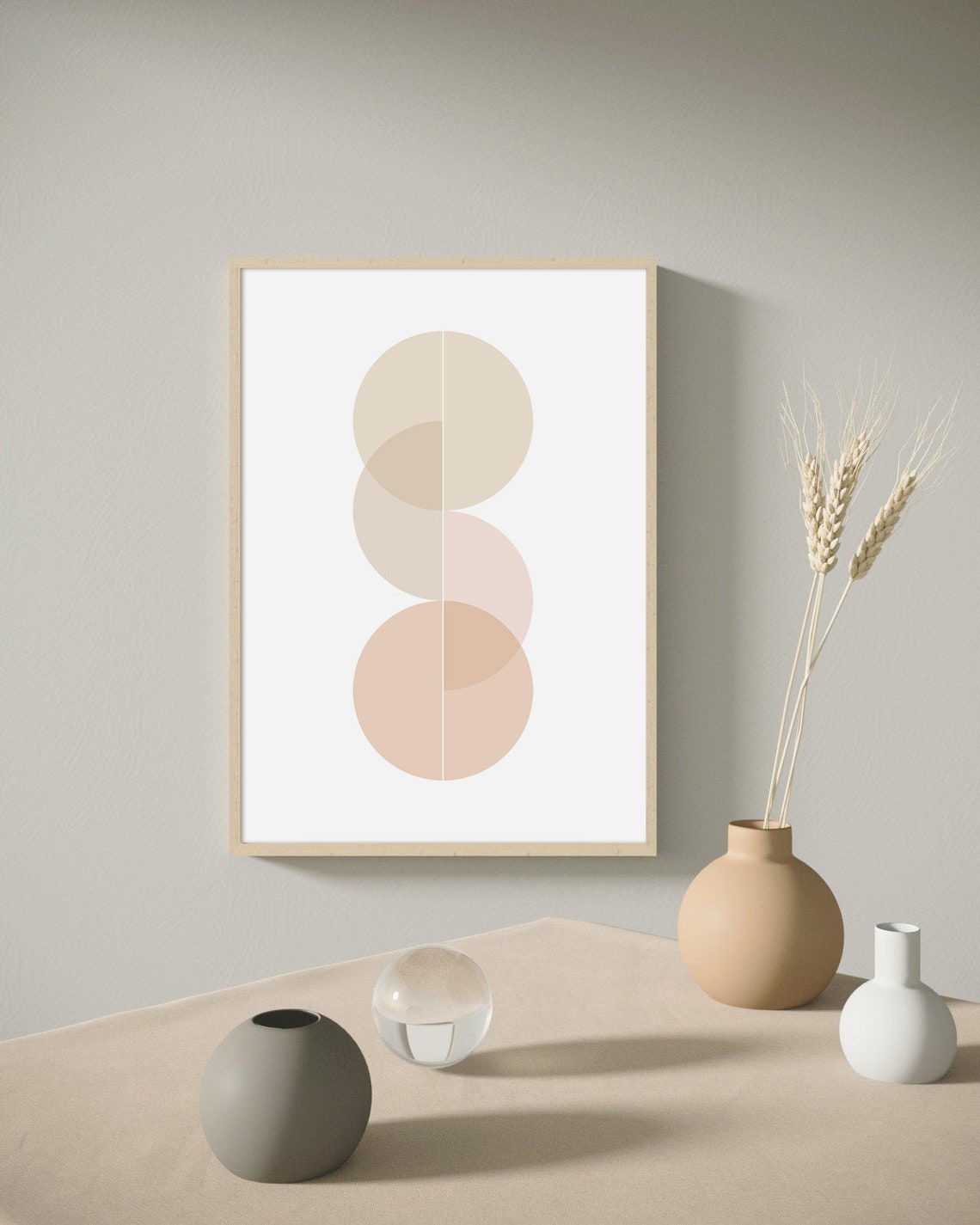 Calm Three Beige Circles Geometric Mid Century Modern Wall Art - Image 3
