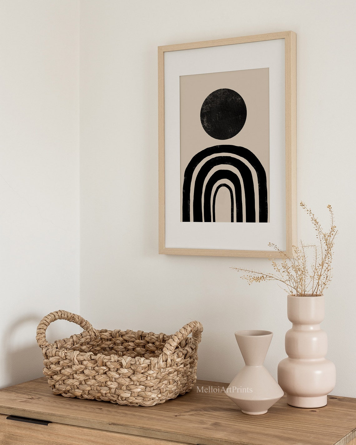 Black Sun Over Layered Rainbow Arches Beige Boho Minimalist Poster - Image 3