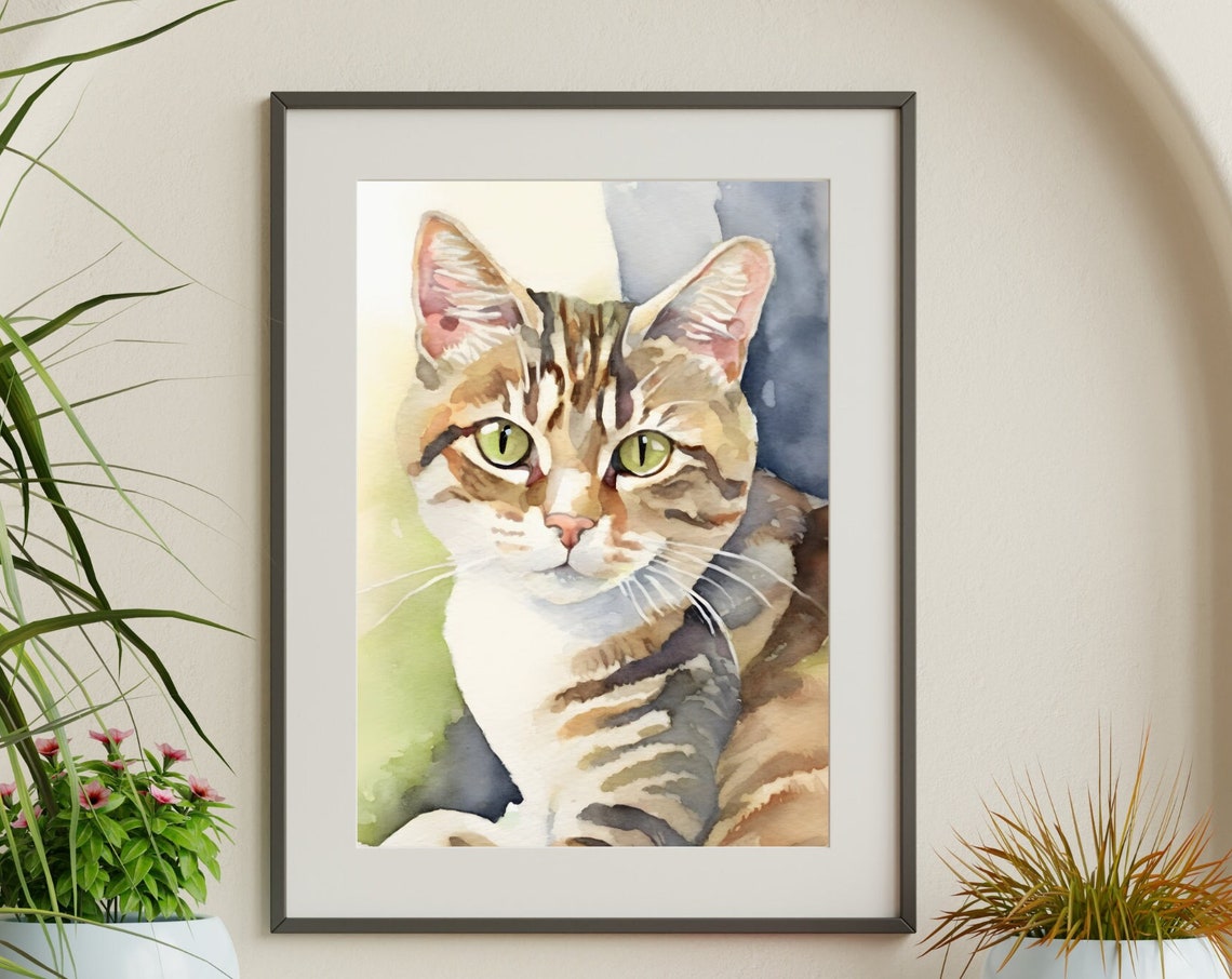 Tabby Cat Watercolor Portrait Green Eyes Pet Animal Wall Art