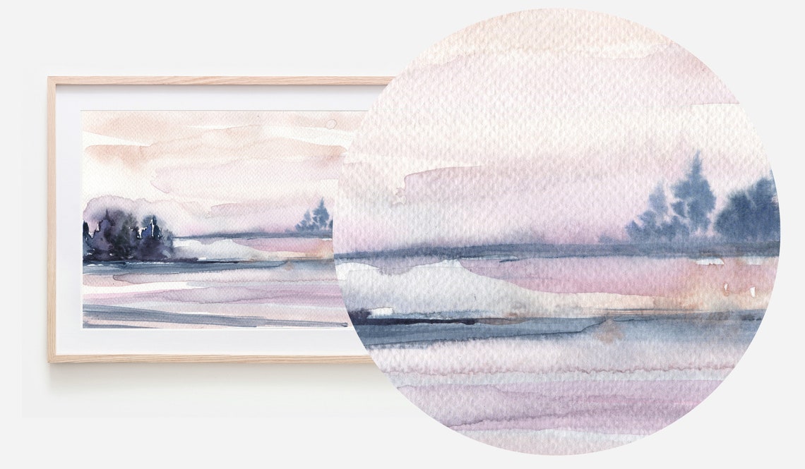 Serene Watercolor Dusk Pine Trees Lavender Lake Reflection Wall Art - Image 2